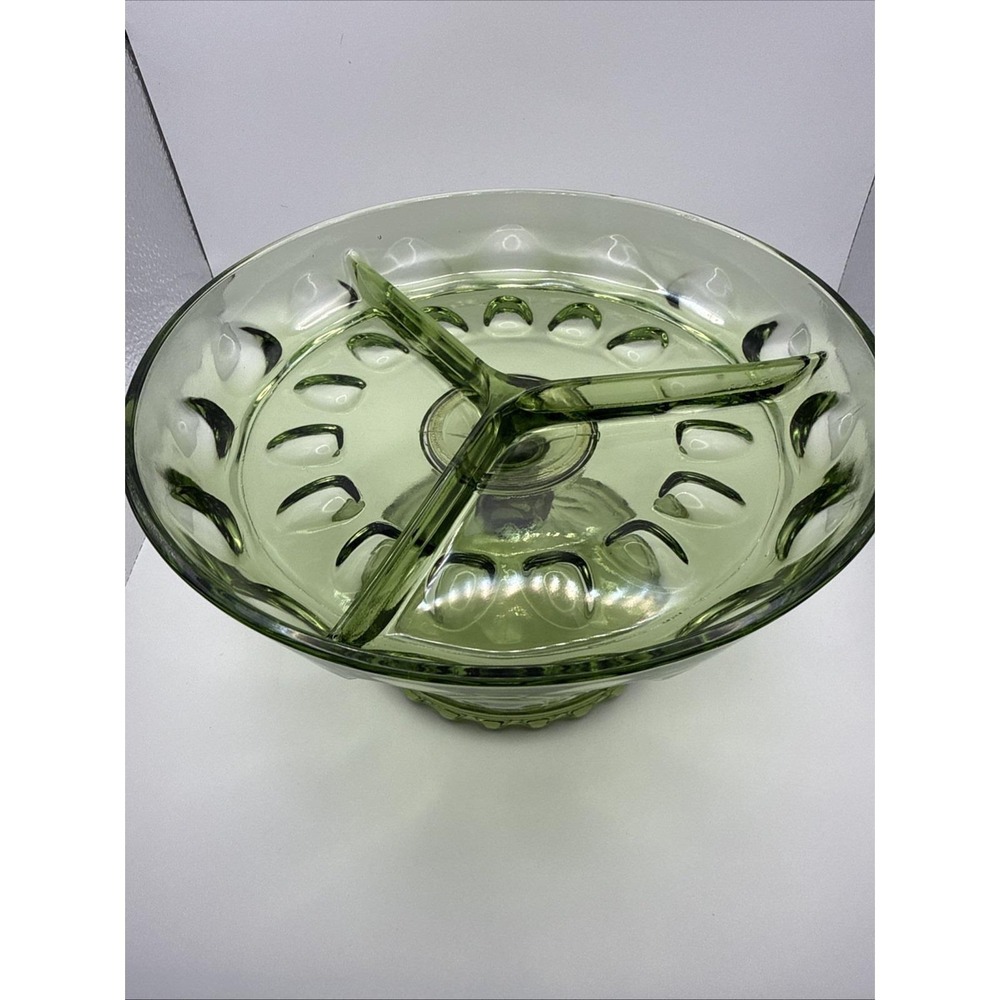 VTG Hazel Atlas Reflection avocado green glass footed 3-part divided relish dish